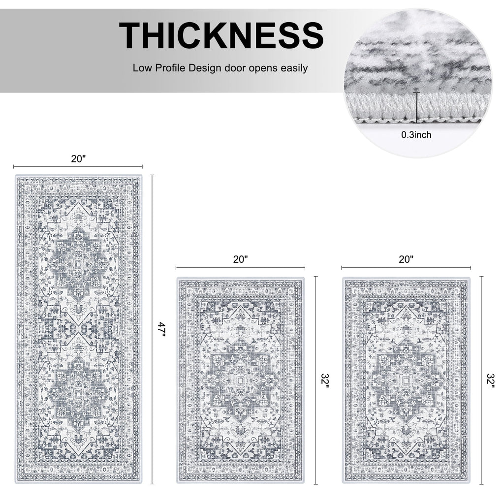 Findosom 3pcs Kitchen Rugs Set,Washable Boho Farmhouse Kitchen Mats for Floor,Non Slip Kitchen Floor Mat Carpet Runner Rugs for Entryway Hallway Laundry Home Decor 20"x32"+20"x32"+20"x47" Gray