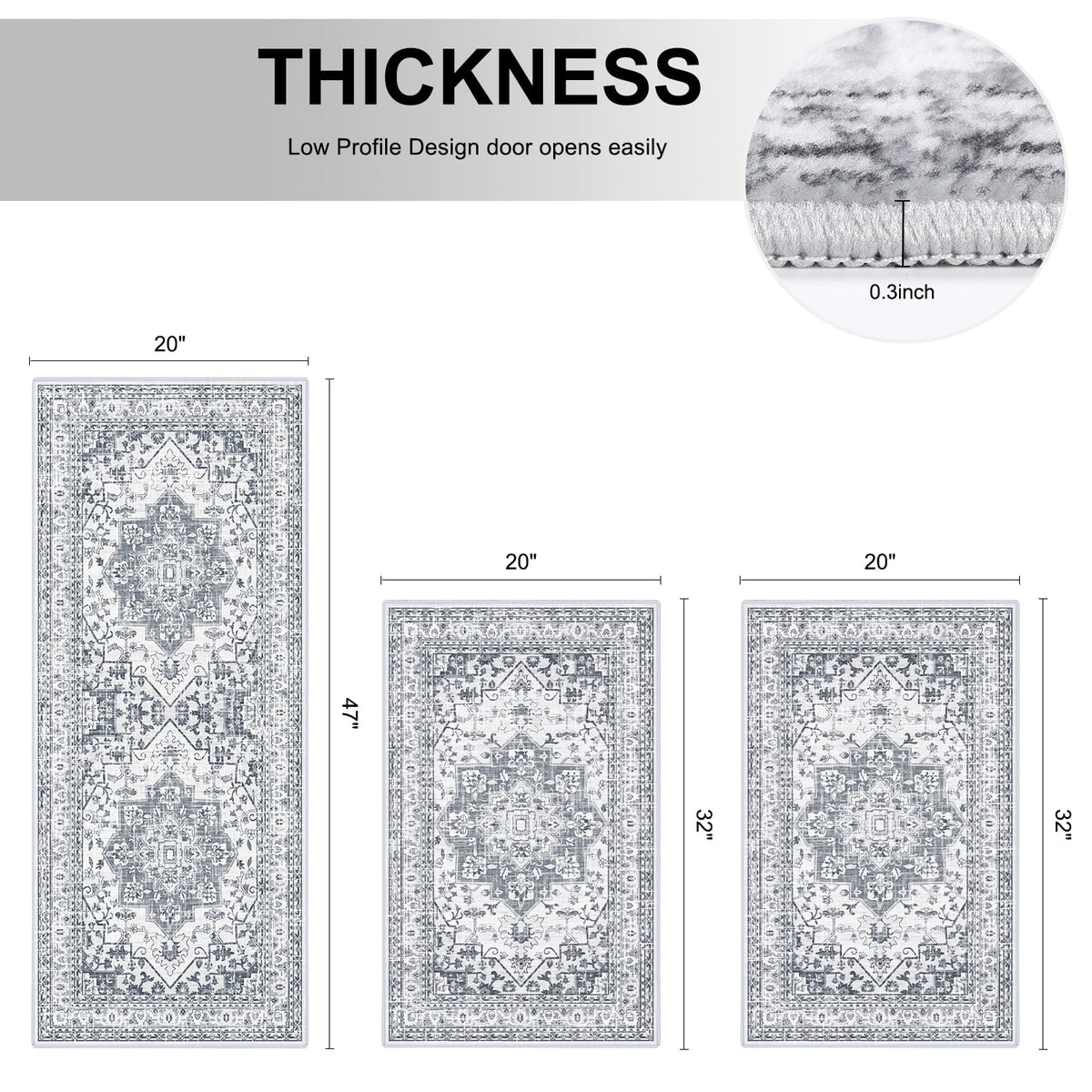 Findosom 3pcs Kitchen Rugs Set,Washable Boho Farmhouse Kitchen Mats for Floor,Non Slip Kitchen Floor Mat Carpet Runner Rugs for Entryway Hallway Laundry Home Decor 20"x32"+20"x32"+20"x47" Gray