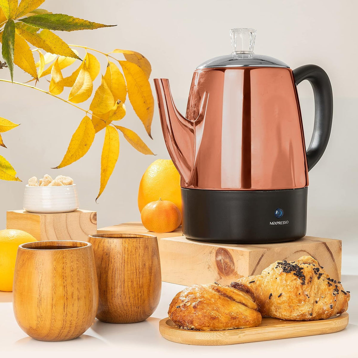 Mixpresso Percolator Coffee Pot Electric 10 Cup, Stainless Steel Coffee Maker, Coffee Percolator Electric With Keep Warm Function, 10 Cups Stainless Steel Perculator With Basket (Shiny Blue)