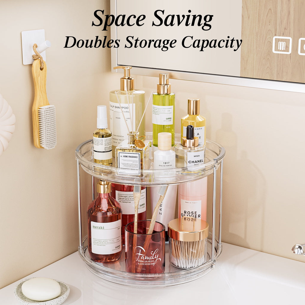 ROSSNY 2 Pack 9.25" 2-Tier Lazy Susan Turntable Organizer Countertop Kitchen Organization and Storage Spice Rack Bathroom Vanity Holder, Clear