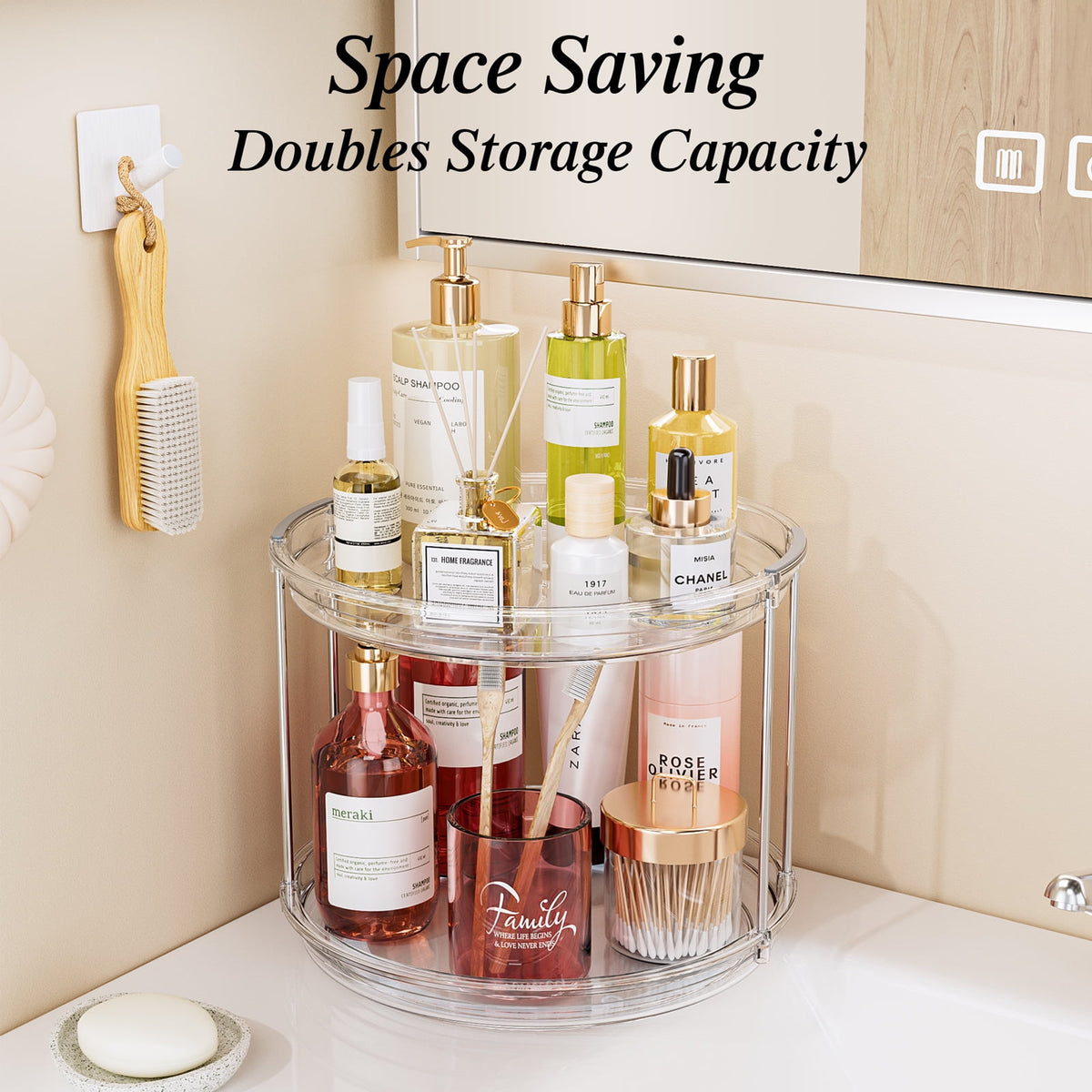 ROSSNY 2 Pack 9.25" 2-Tier Lazy Susan Turntable Organizer Countertop Kitchen Organization and Storage Spice Rack Bathroom Vanity Holder, Clear