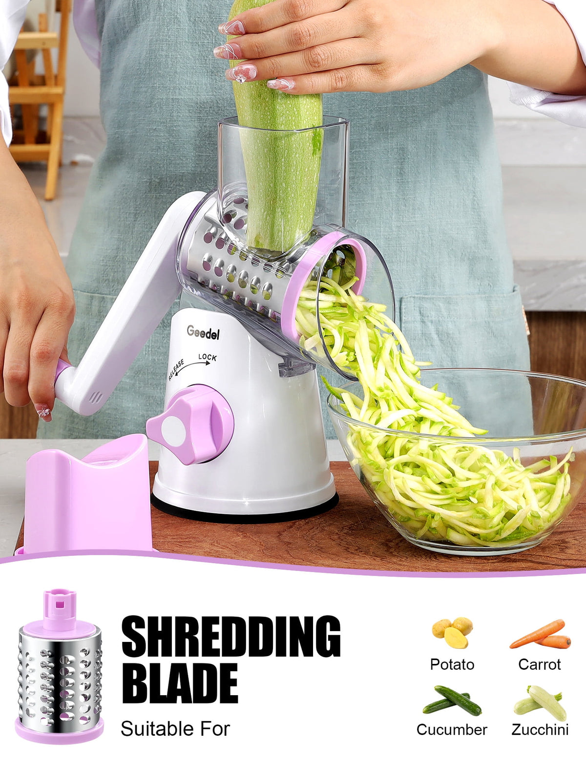Geedel Rotary Cheese Grater, Kitchen Grater with Strong Suction Base, Dishwasher Safe, Easy to Clean Grater for Cheese,Vegetable, Nuts (3 Blades)