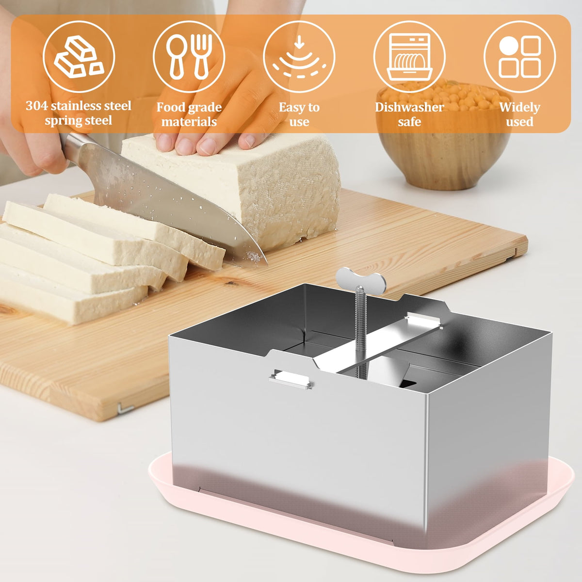 Ihvewuo Stainless Steel Tofu Press, Pressure Adjustable Tofu Press Maker with Drip Tray, Silver