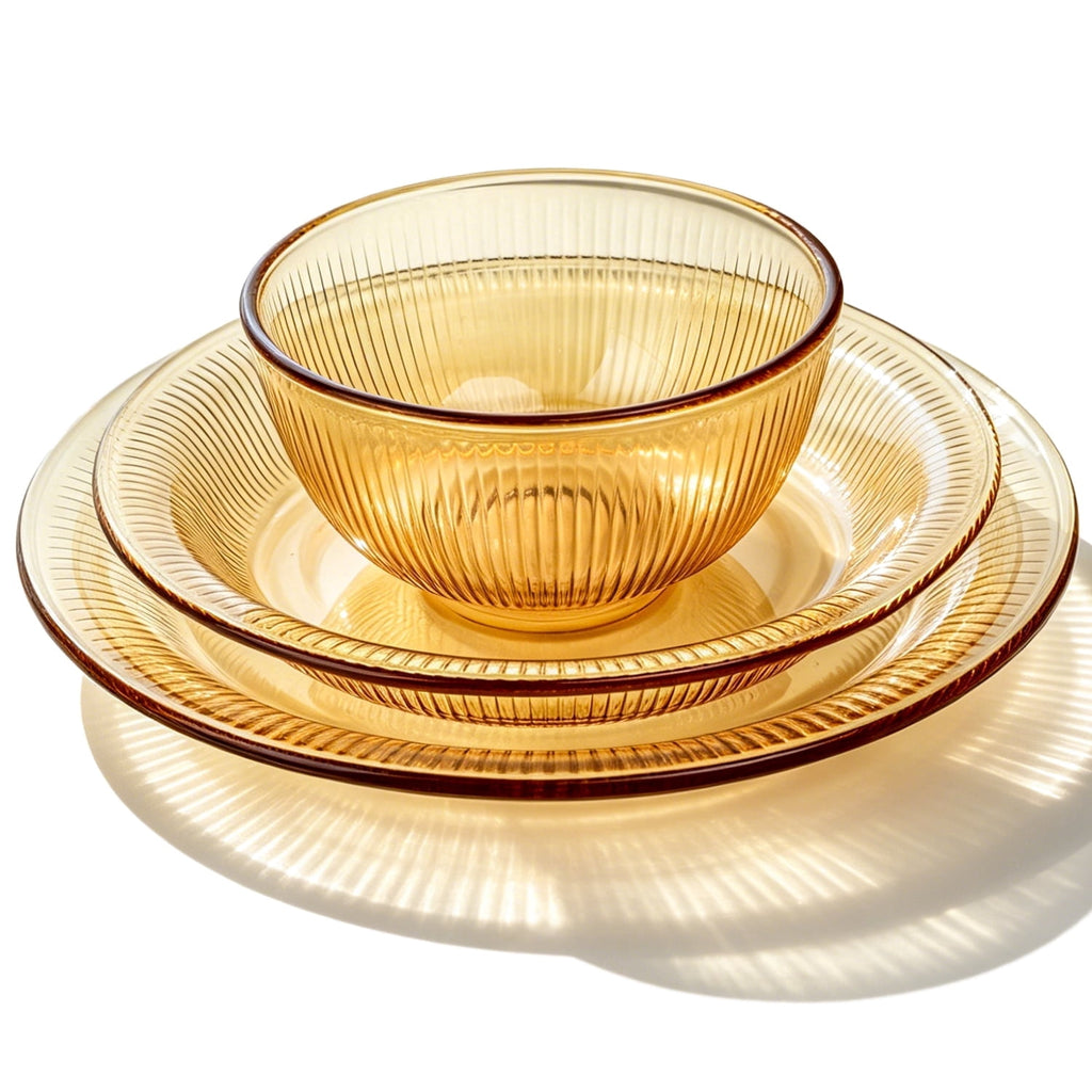 TINANA 12 Piece Amber Glass Dinnerware Set, Stackable Plates and Bowls Set, Service for 4, Microwave & Dishwasher Safe