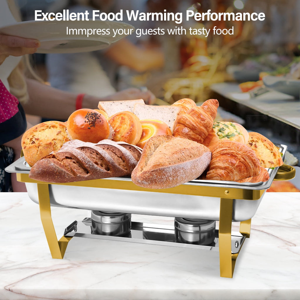 Jacgood Rectangle Golden Chafing Dish Buffet Set, 8Qt 4 Pack Full Pan Stainless Steel Catering Warmer Set with Water Pan for Home Party, Buffets, Wedding, Banquet, Catering Events