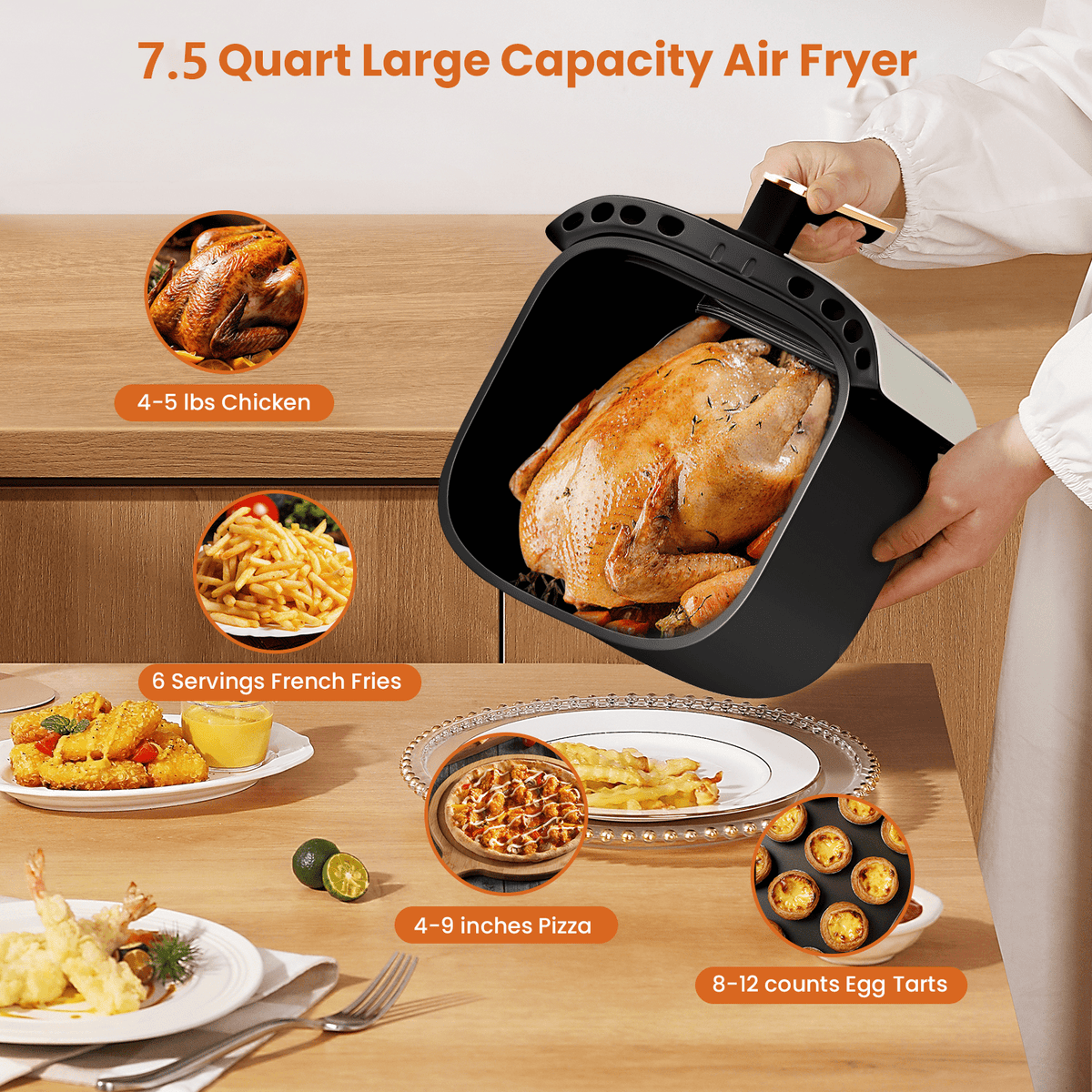 Bluebow Air Fryer Large 7.5QT, 8-in-1 Digital Touchscreen, Visible Cooking Window, 1700W, Cream White