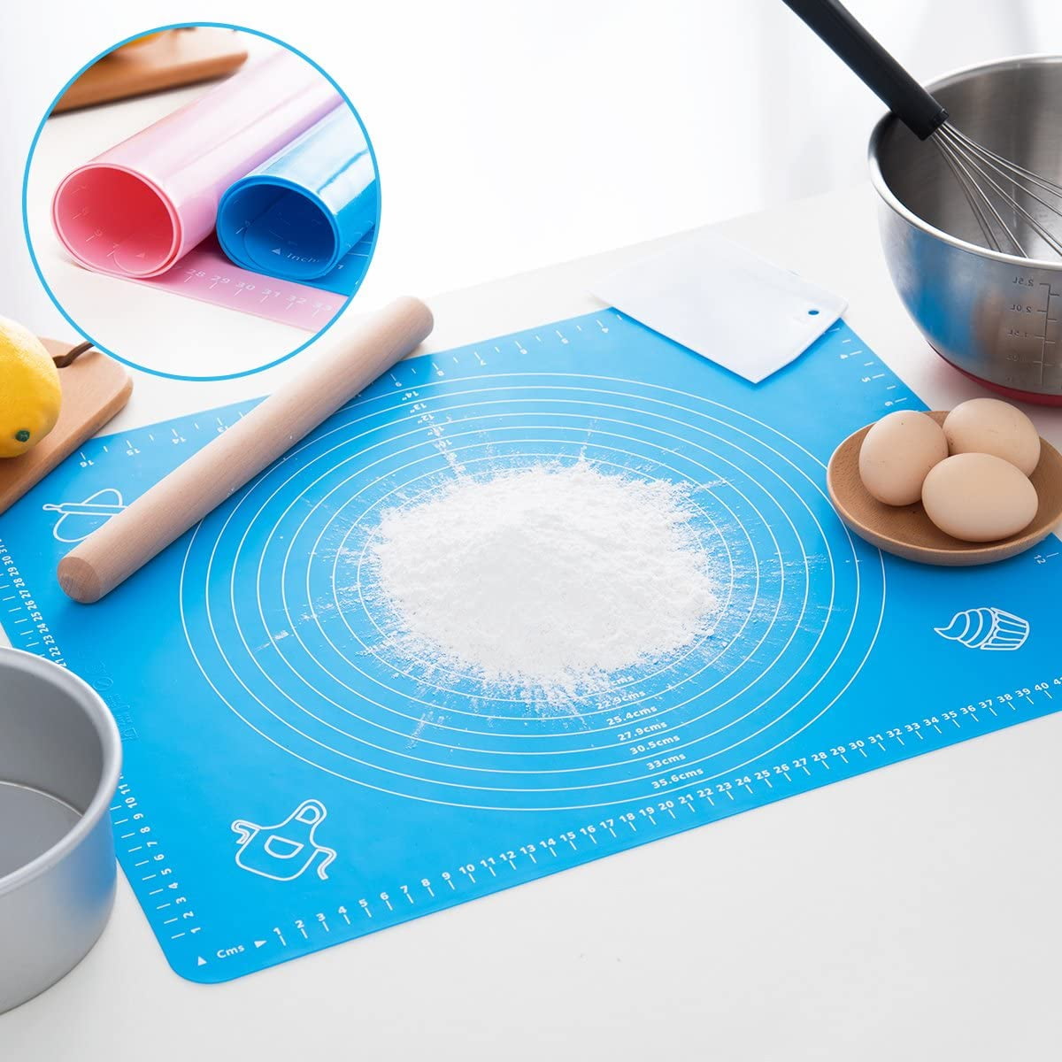 Gixusil Silicone Pastry Mat Rolling Pin Mat with Measurements Nonstick Kneading Board for Rolling Dough Reusable Thicken Pad Pie Bread Cookie Sheet Baking Oven Mat Placement Pad 15.75*19.68Inch（Blue)