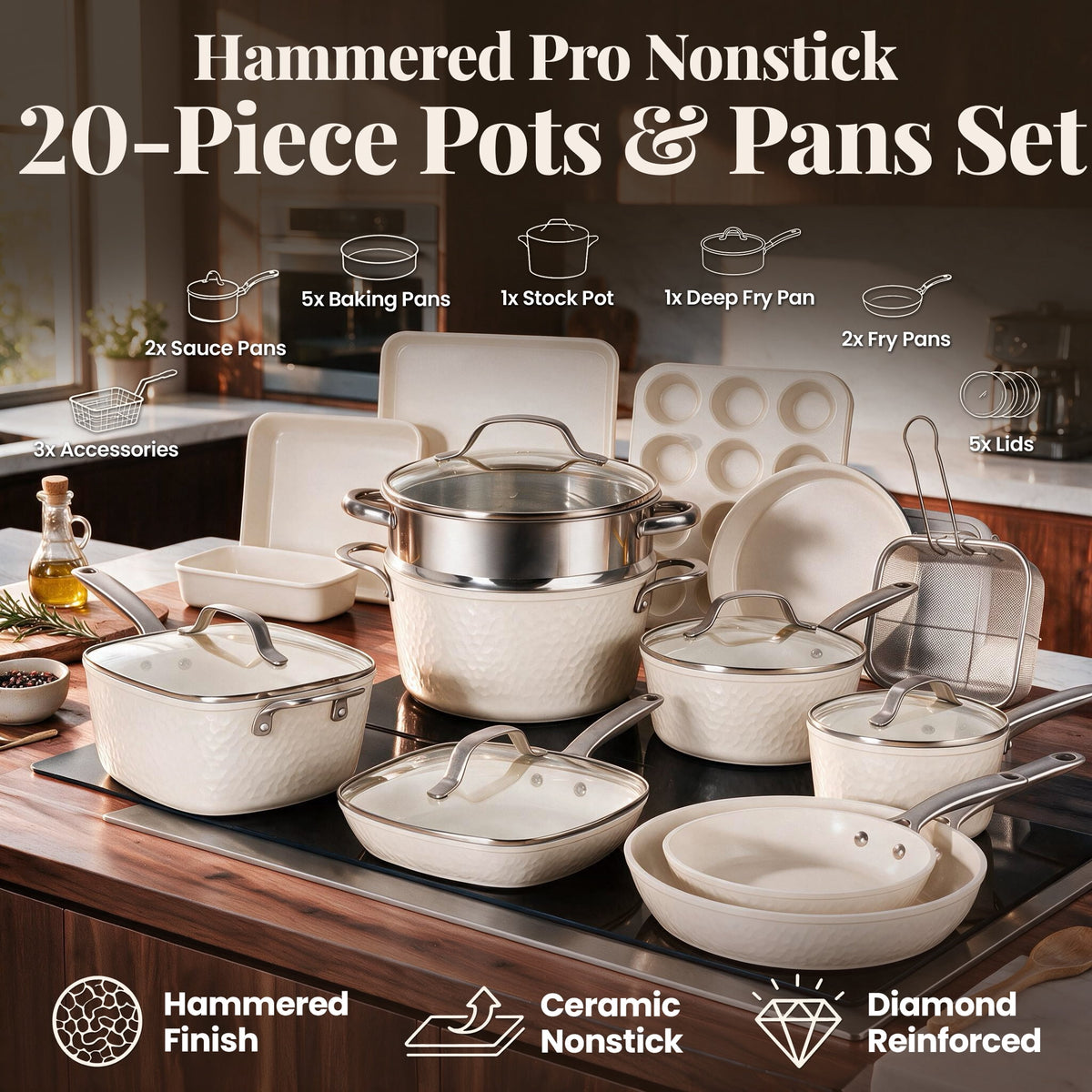 Gotham Steel Hammered 20 Pc Ceramic Cookware Set Nonstick, Induction Pots and Pans Set, Non Toxic Cookware Sets, Oven & Dishwasher Safe, Copper