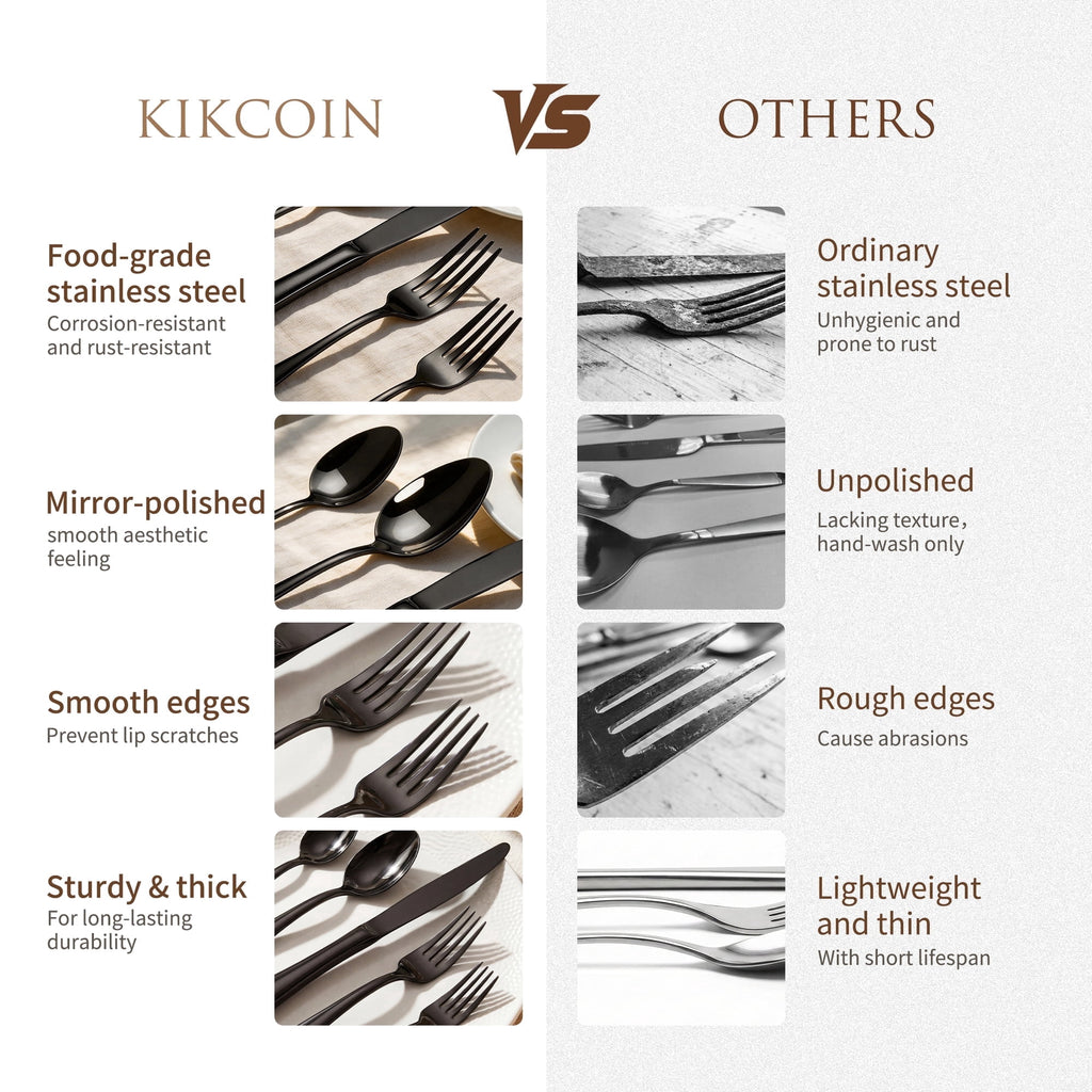 Kikcoin 42 Pcs Silverware Set for 8, Stainless Steel Flatware Set, Mirror-Polished Spoons, Forks and Knife Set, Cutlery Utensils Set for Kitchen, Wedding and Restaurant, Black