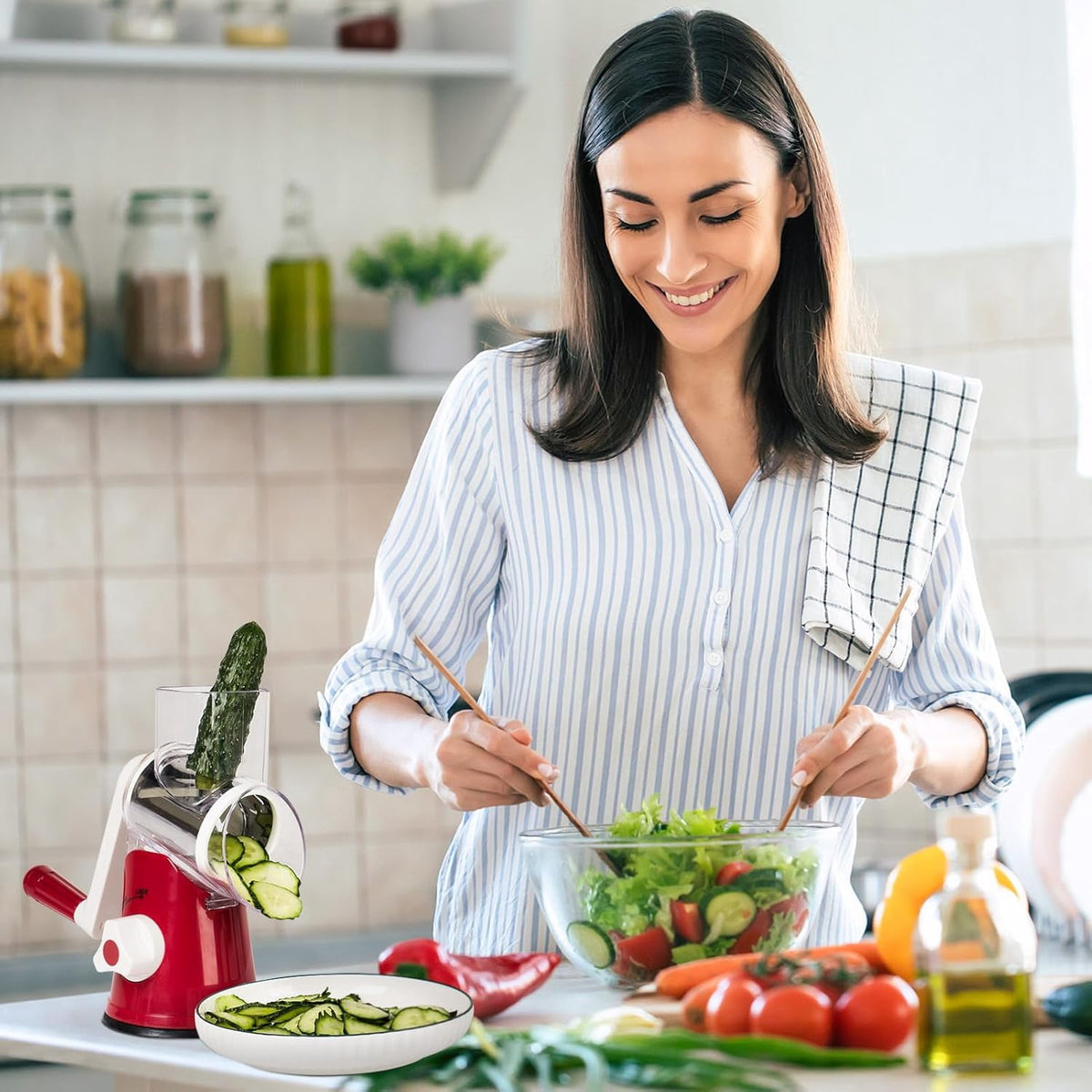 Premium Rotary Cheese Grater, Manual Cheese Grater for Kitchen, Handheld Vegetables Slicer Cheese Shredder with Rubber Suction Base, 3 Stainless Drum Blades Included,Blue