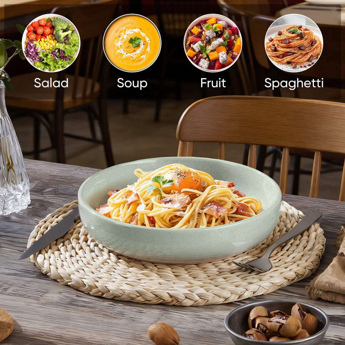 Vesteel Pasta Bowls Set of 6, 32oz Large Salad Bowl for Home Kitchen, Ceramic Serving Plates for Soup, Cereal, Fruits, Microwave & Dishwasher Safe, Speckled White