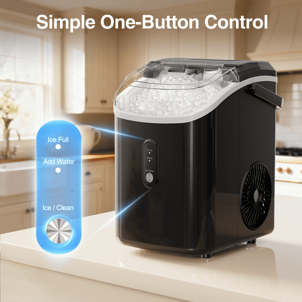 Goosiay 33lb Nugget Ice Maker Countertop, Portable Pebble Ice Machine with Handle, Soft Chewable Pellet, Stainless Steel Black