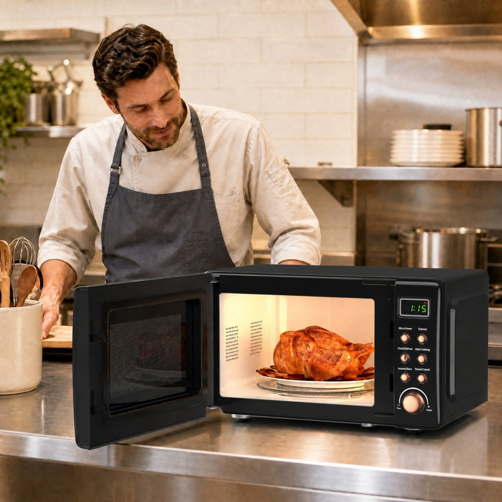 Costway 0.7 Cu.ft Retro Countertop Microwave Oven 700W LED Display Glass Turntable Rose Gold