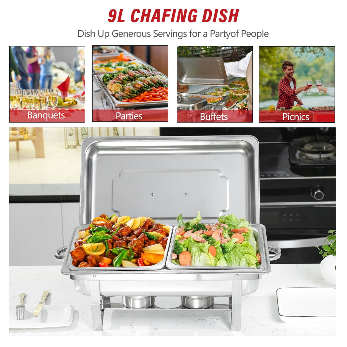 Jacgood 5 Pack Chafing Dish Buffet Set 8Qt. Foldable Rectangular Chafer Set, Stainless Steel Catering Warmer Set W/Full Size Water Pan, Food Pan, Fuel Holder for Cooked Food Insulation