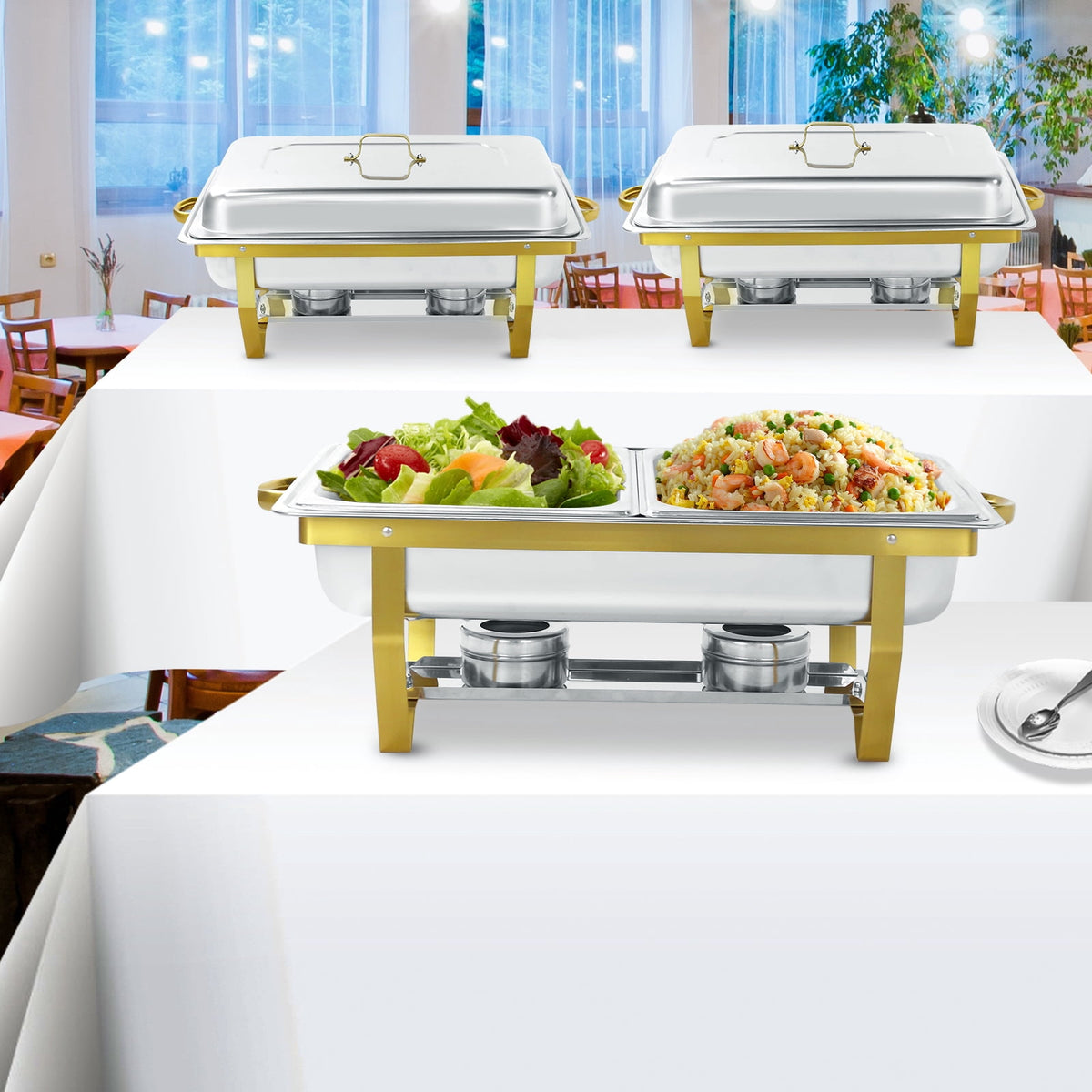 Jacgood 5 Pack Chafing Dish Buffet Set 8Qt. Foldable Rectangular Chafer Set, Stainless Steel Catering Warmer Set W/Full Size Water Pan, Food Pan, Fuel Holder for Cooked Food Insulation