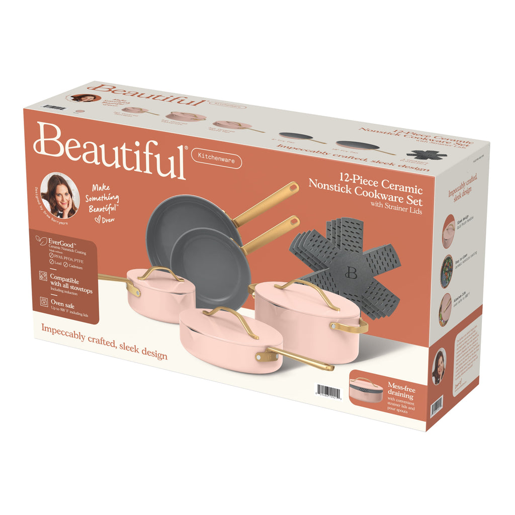 Beautiful 12-Piece Cookware Set, Pots and Pans with Strainer Lids and EverGood Ceramic Nonstick Coating, White Icing by Drew Barrymore