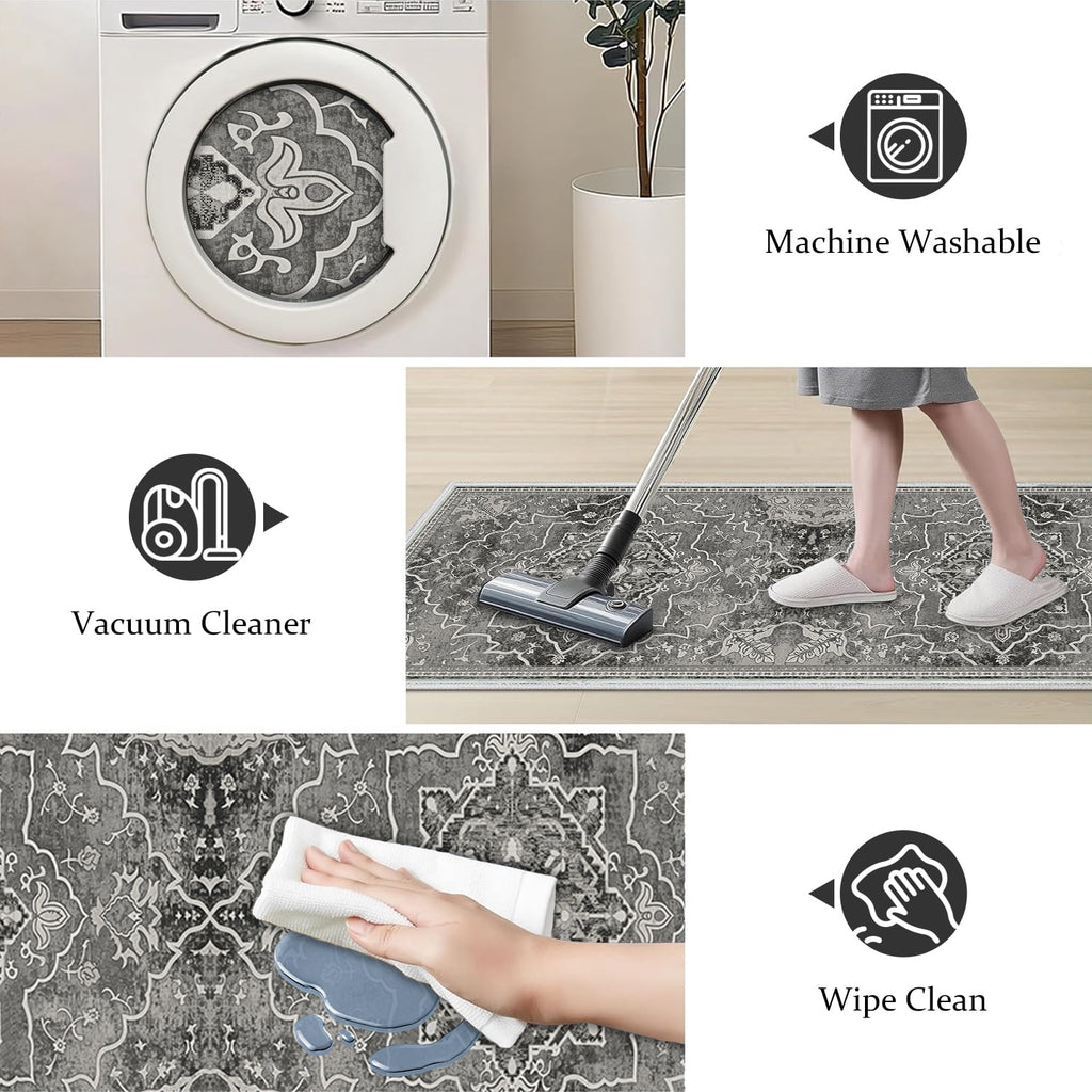 TECHVIDA Kitchen Rug Set 3 Piece,Non Slip Machine Washable Kitchen Mats, Farmhouse Hallway Doormat for Home Floor and Living Room,Gray
