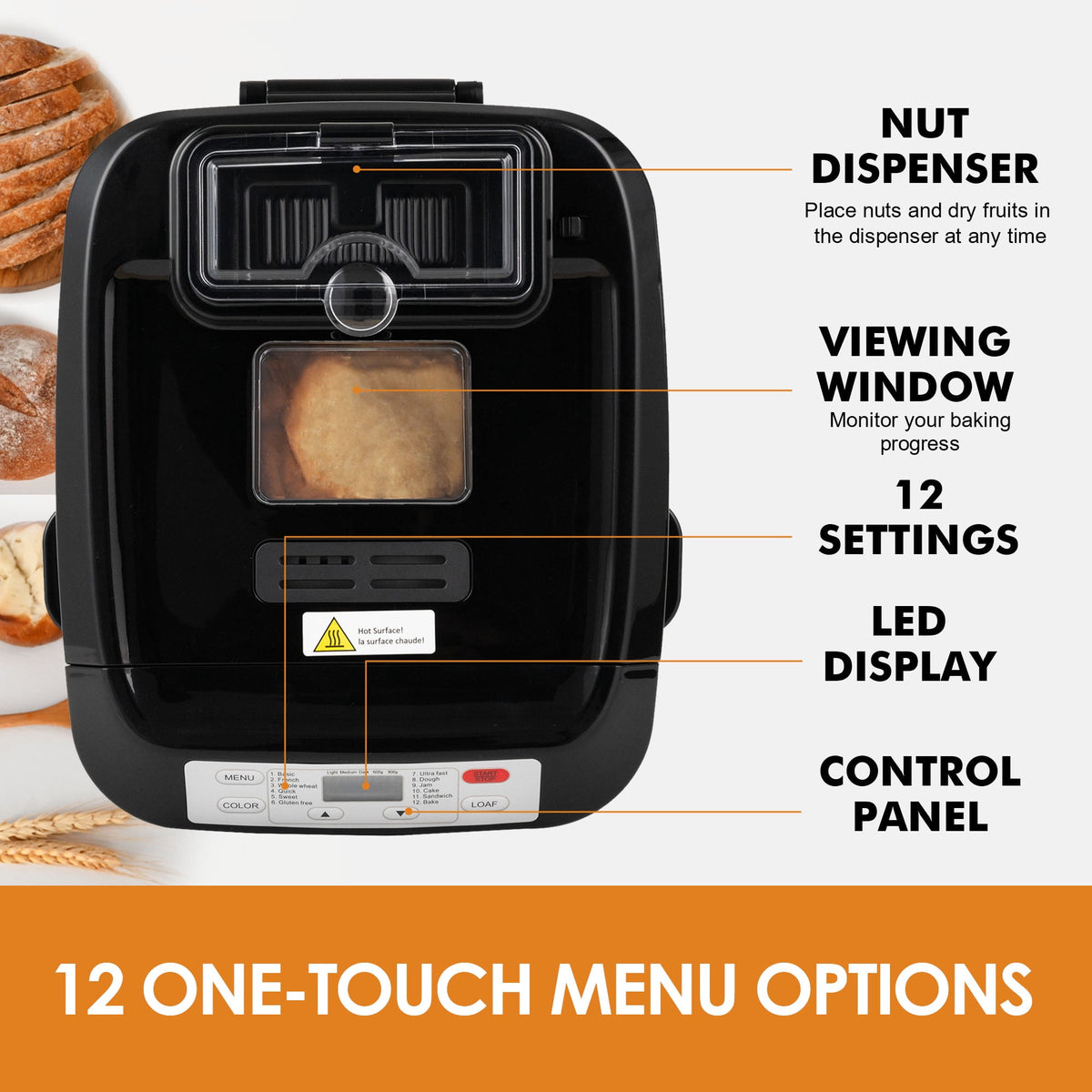 Kitchen in the Box 2lb Bread Maker with Auto Fruit Nut Dispenser, 12-in-1 Gluten-Free Bread Machine, 13H Delay Timer, Nonstick Pan, Keep Warm, White