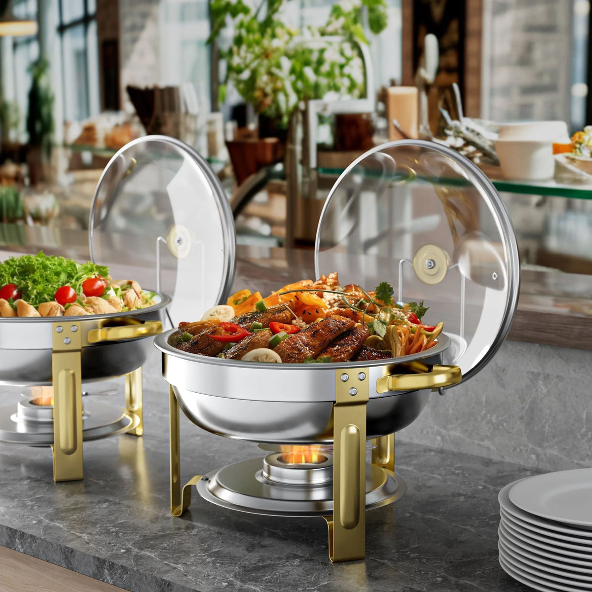 Chafing Dish Buffet Set 4 Pack: TINANA 5QT Stainless Steel Chafing Dishes for Buffet with Glass Lid & Lid Holder, Round Chafers and Buffet Warmers Sets for Parties, Events, Wedding, Camping, Dinner
