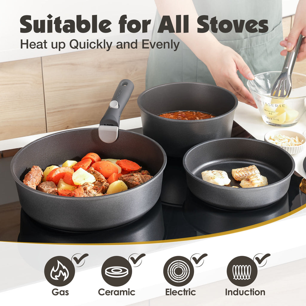 SENSARTE 18-Piece Ceramic Cookware Set with Detachable Handle, Gray Nonstick Pots and Pans Set, Induction Compatible, Dishwasher/Oven Safe, Healthy Cooking Set for RV & Camping
