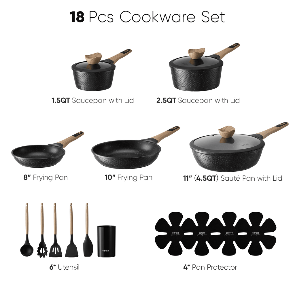 CAROTE 19-Piece Ceramic Pots and Pans Set, Nonstick Cookware Set with Lids, Induction Compatible, Oatmeal