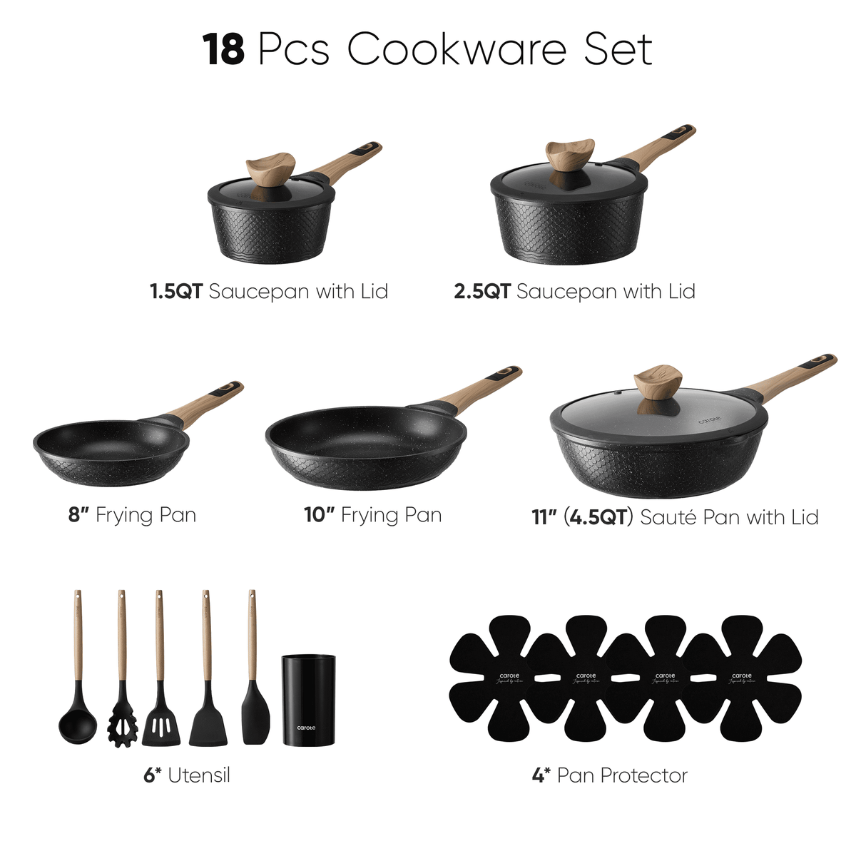 CAROTE 19-Piece Ceramic Pots and Pans Set, Nonstick Cookware Set with Lids, Induction Compatible, Oatmeal