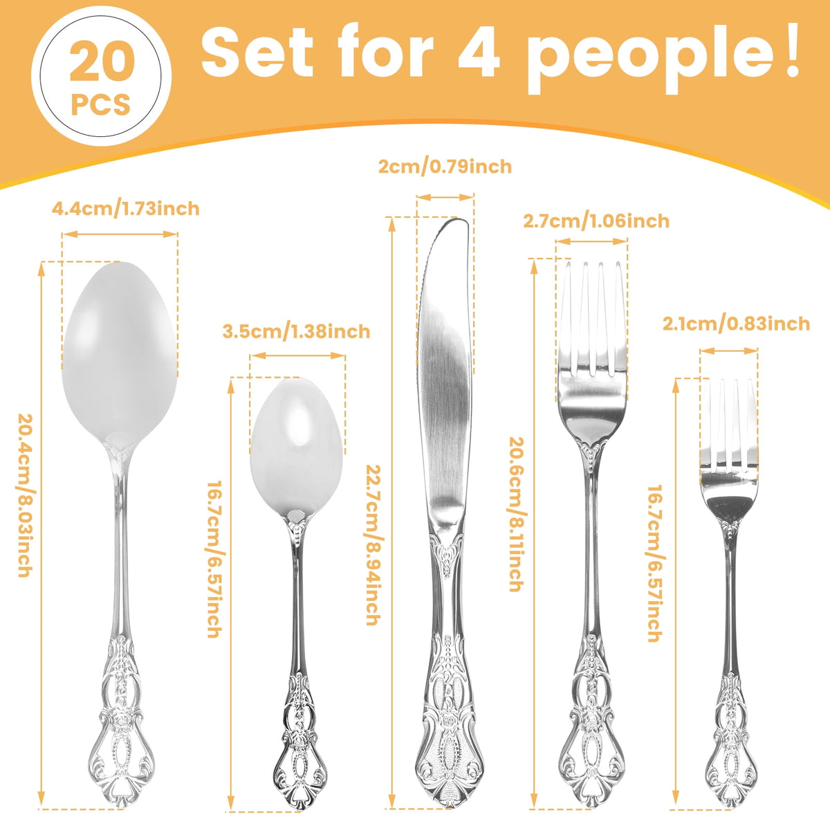 Jetcloudlive 20 Pcs Gold Silverware Set,Retro Royal Stainless Steel Flatware Utensil Sets for 4,Gold Luxury Cutlery Set Includes Forks Spoons Knives,Mirror Polished,Dishwasher Safe