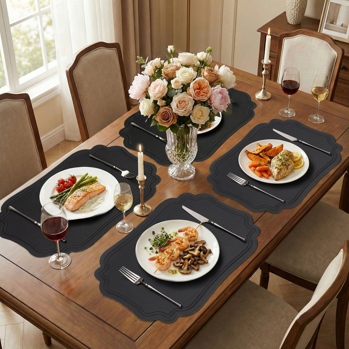 VCVCOO Placemats Set of 4 Beige Leather Place Mats Waterproof Wipeable Heat Resistant Sturdy Rectangle Kitchen Dining Table Mats for Indoor Outdoor Reversible Easy to Clean Place Mats