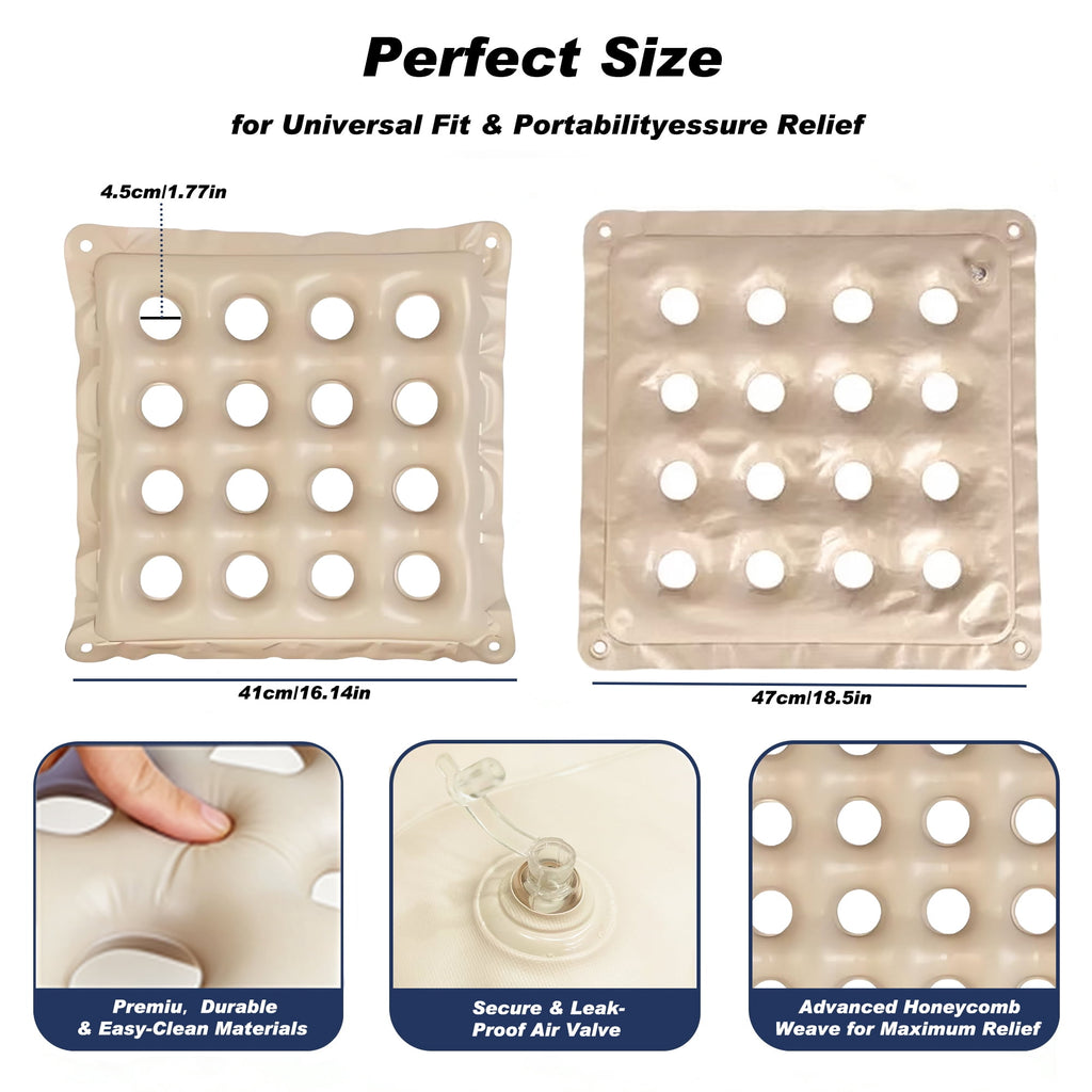 2 Pack Inflatable Seat Cushions,Pressure Relief 16 hole breathable Cushion,for Office Chairs,Car Seats,Wheelchair waterproof Cushions,with Air Pumps,Portable and Comfortable（Flocked Navy+PVC Beige)