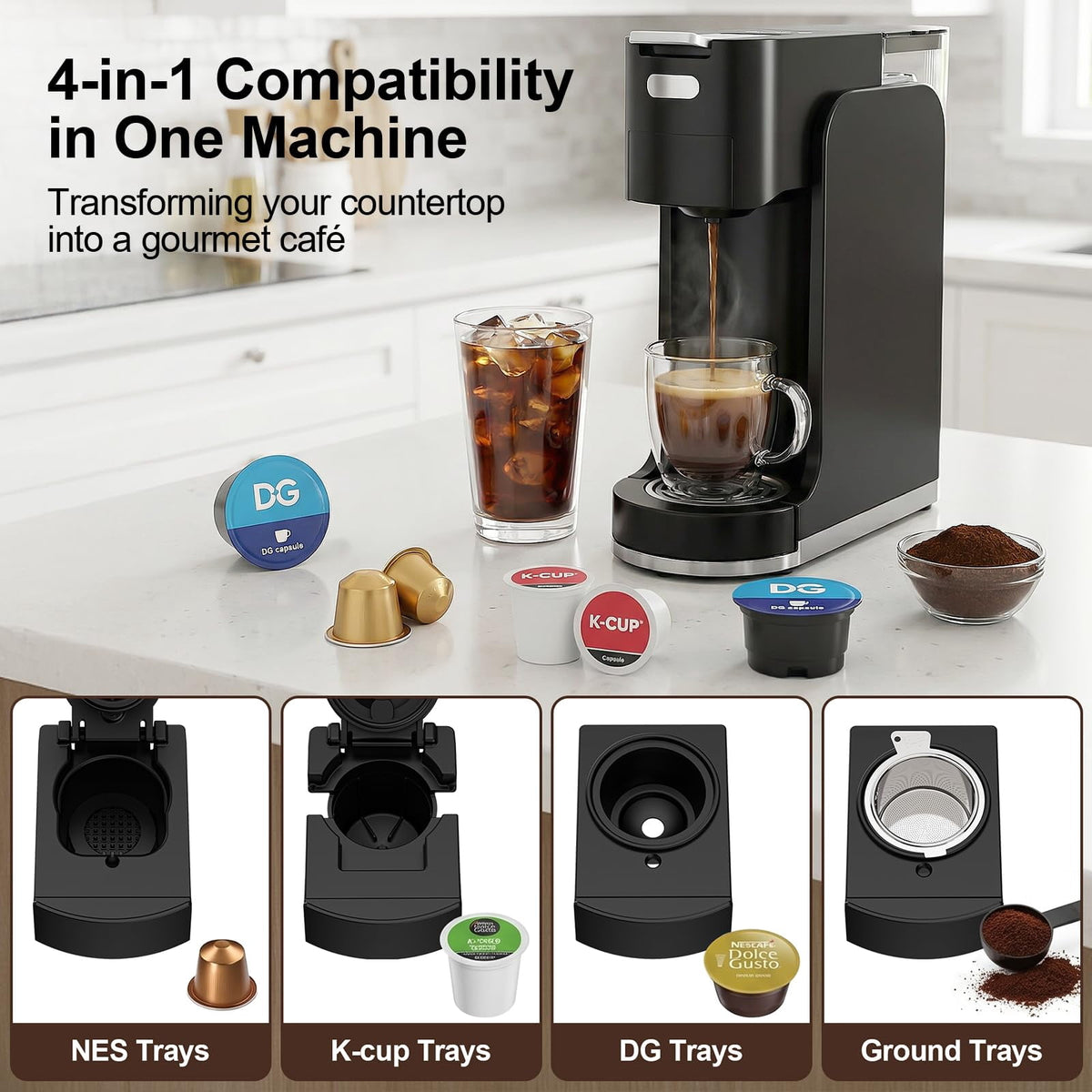 GVODE 4-in-1 Single Serve Coffee Maker, 3-Second Heat-Up, 20 Bar Hot and Iced Espresso Machine, White