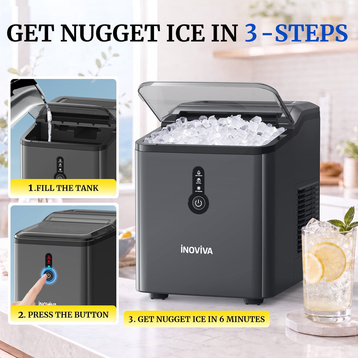 Inoviva Countertop Nugget Ice Maker, 26.5LBS/Day, Ice Ready in 6 Mins, One-Click Self-Cleaning for Home, Office & RV
