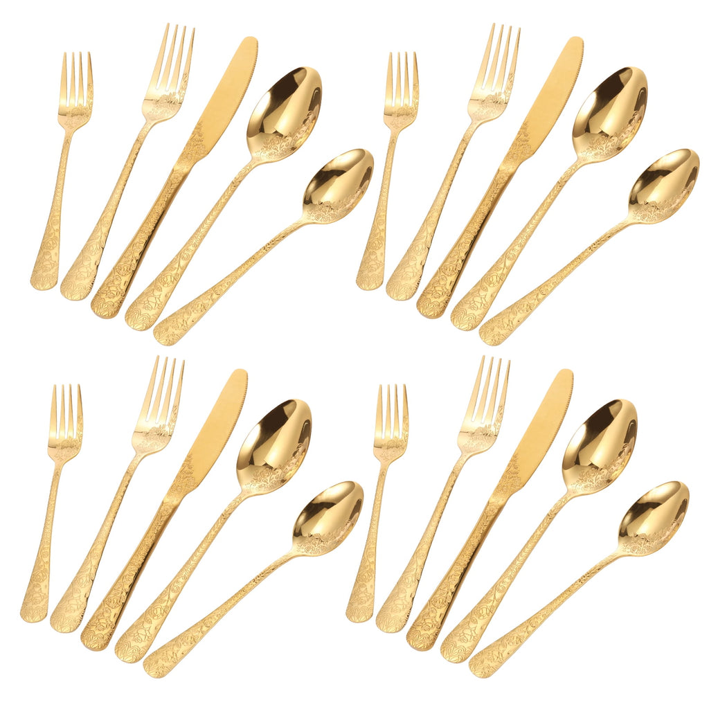 20 Pcs Floral Silverware Set Including Fork Spoon and Knife Stainless Steel Flatware Set Vintage Cutlery Set Mirror Polished Utensil Set for Kitchen Dishwasher Safe Service for 4
