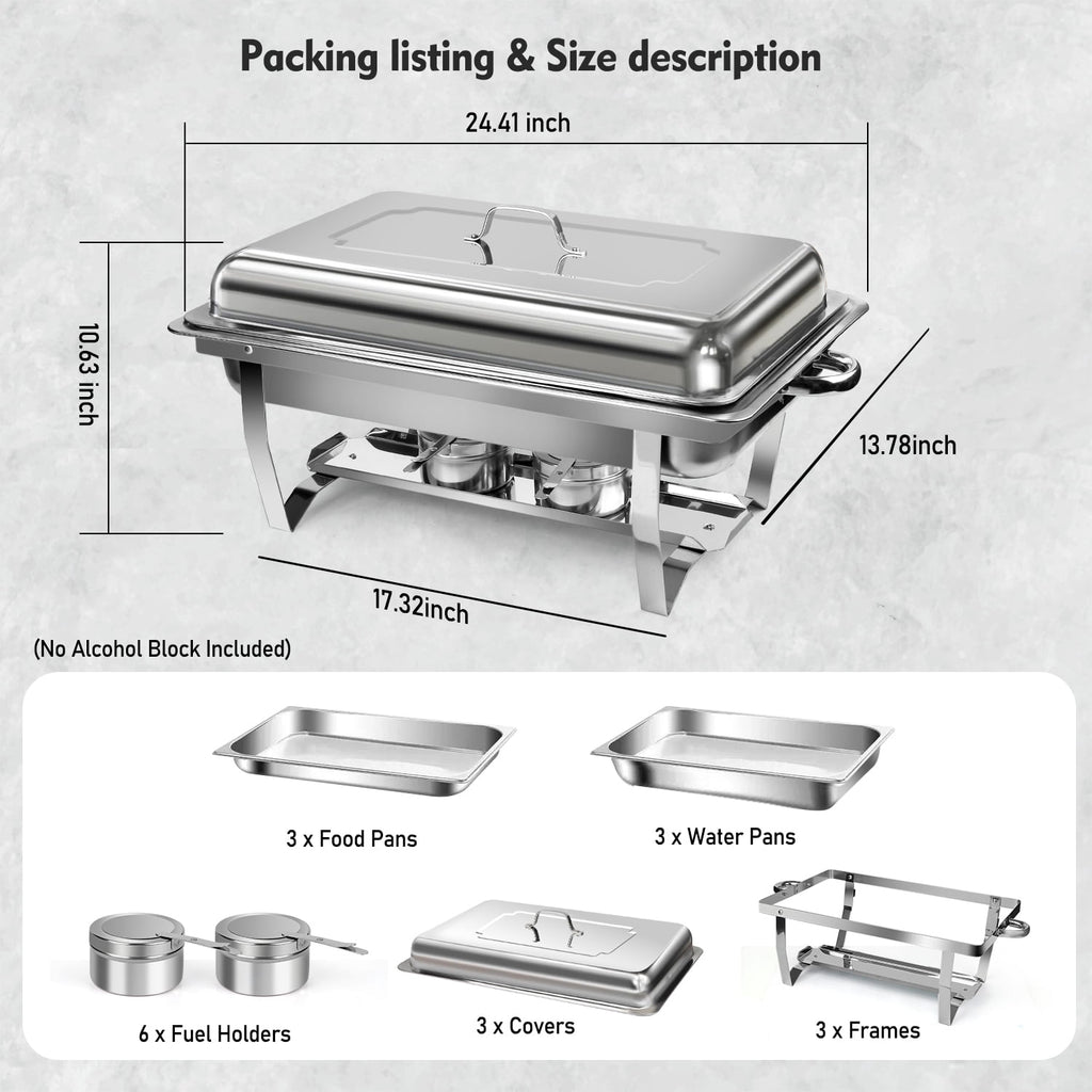 Chafing Dishes for Buffet ,AOKIWO 3 Packs 8QT Mirrored Stainless Steel Chafing Dishes for Buffet, Chafers and Buffet Warmer for Parties, Events, Wedding, Camping, Dinner