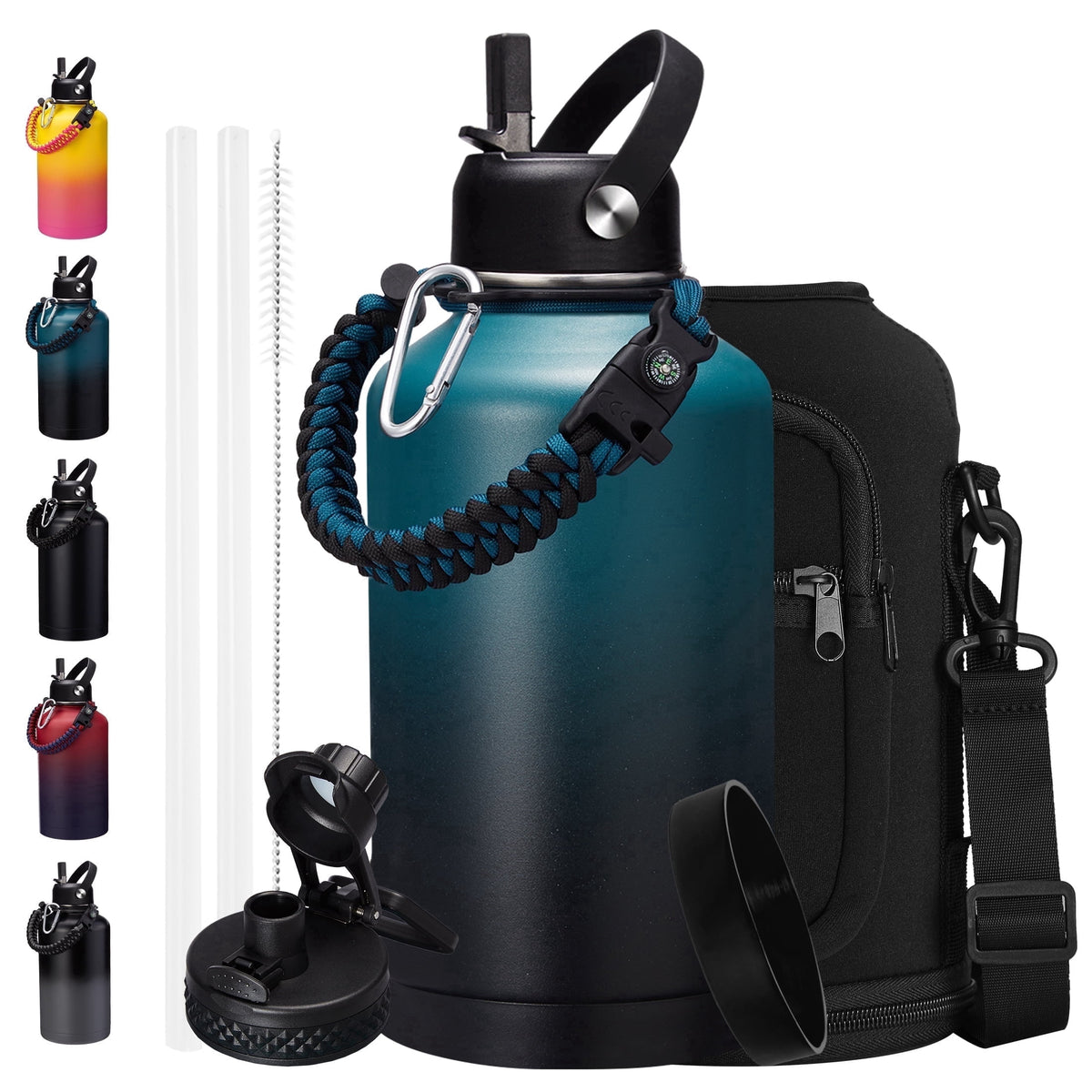 64 oz Water Bottle with Straw & Spout Lids - Half Gallon Insulated Water Bottle,Wide Mouth Metal Canteen Thermo Flask,Leak-proof Water Jug,Black