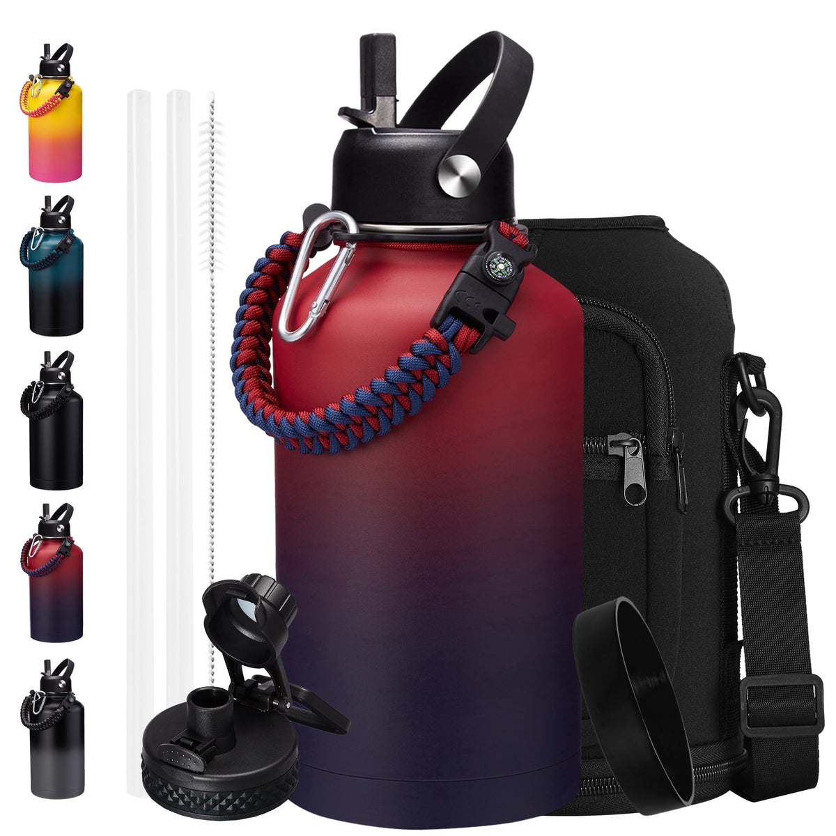64 oz Water Bottle with Straw & Spout Lids - Half Gallon Insulated Water Bottle,Wide Mouth Metal Canteen Thermo Flask,Leak-proof Water Jug,Black