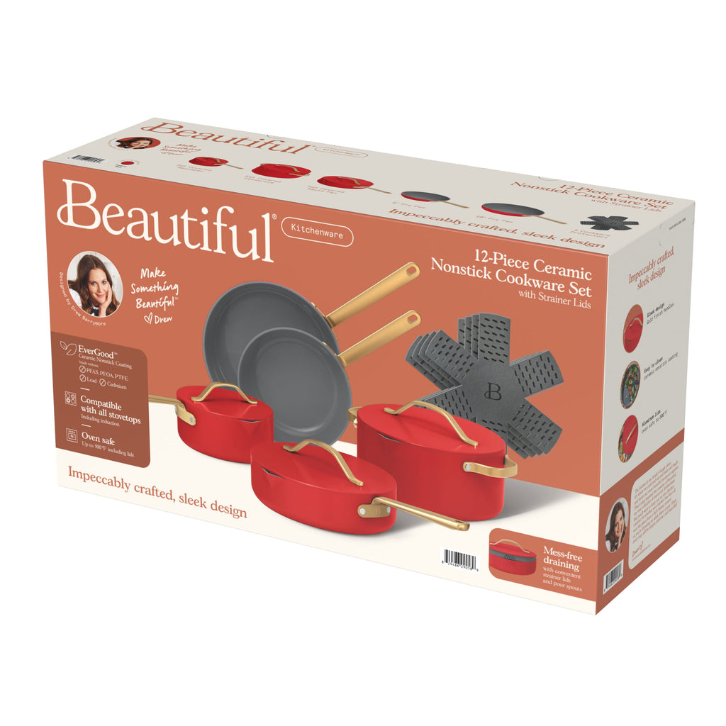 Beautiful 12-Piece Cookware Set, Pots and Pans with Strainer Lids and EverGood Ceramic Nonstick Coating, White Icing by Drew Barrymore