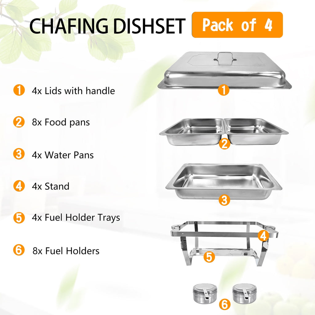 Jacgood Chafing Dish Buffet Set 4 Pack 8QT Full Pan Stainless Steel Food Warmer Chafer Complete Set with Water Pan, Chafing Fuel Holder for Home Party, Buffets, Wedding, Banquet, Catering Events