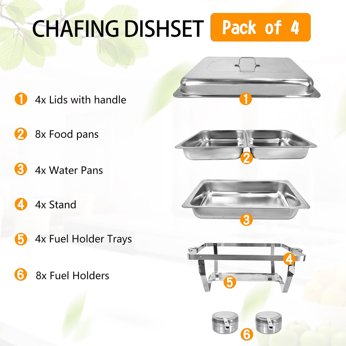 Jacgood Chafing Dish Buffet Set 4 Pack 8QT Full Pan Stainless Steel Food Warmer Chafer Complete Set with Water Pan, Chafing Fuel Holder for Home Party, Buffets, Wedding, Banquet, Catering Events