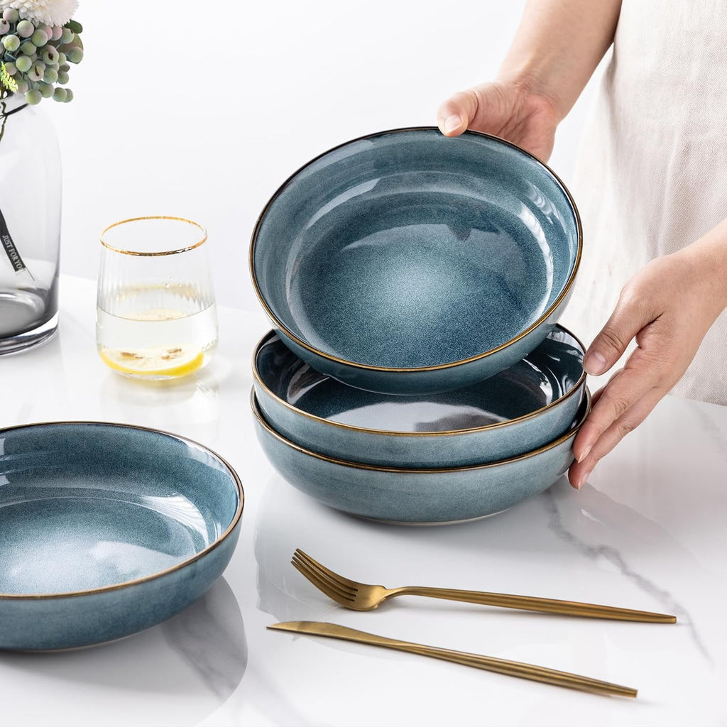AmorArc 8.75'' Large Ceramic Pasta Bowls, 38oz Stoneware Pasta Serving Bowls Set of 4 for Kitchen, Wide Bowls for Fruit,Pasta,Salad,Oatmeal,Meal, Microwave Safe, Reactive Glaze-Space Blue