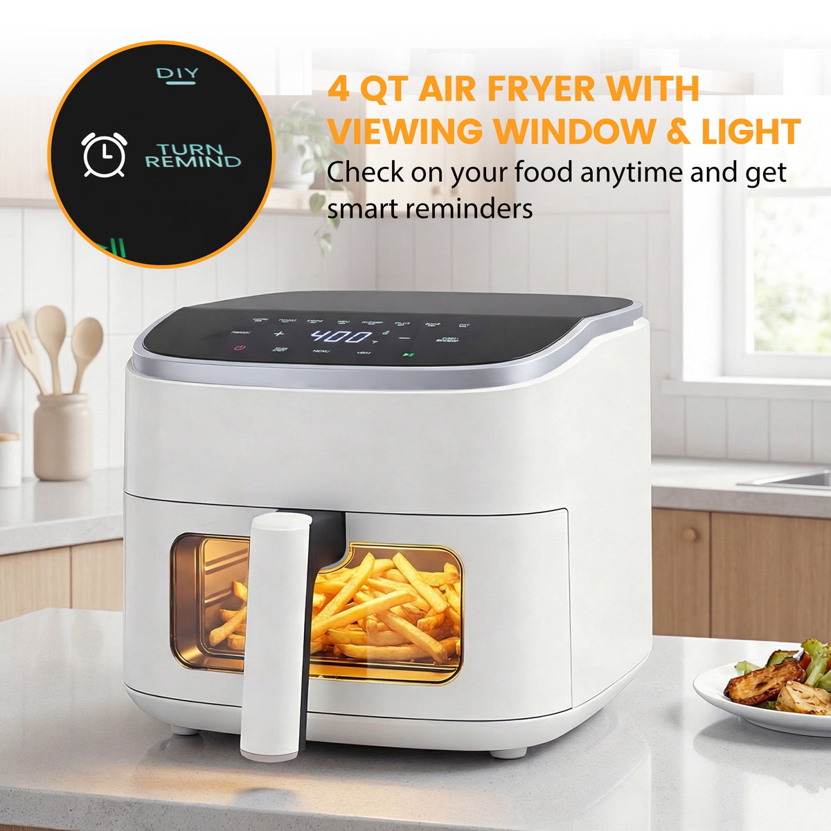 EDX 4QT Air Fryer, 1500W Digital Touchscreen with 8 Presets, Visible Window, Flip Reminder, Nonstick Dishwasher-Safe Basket, Black
