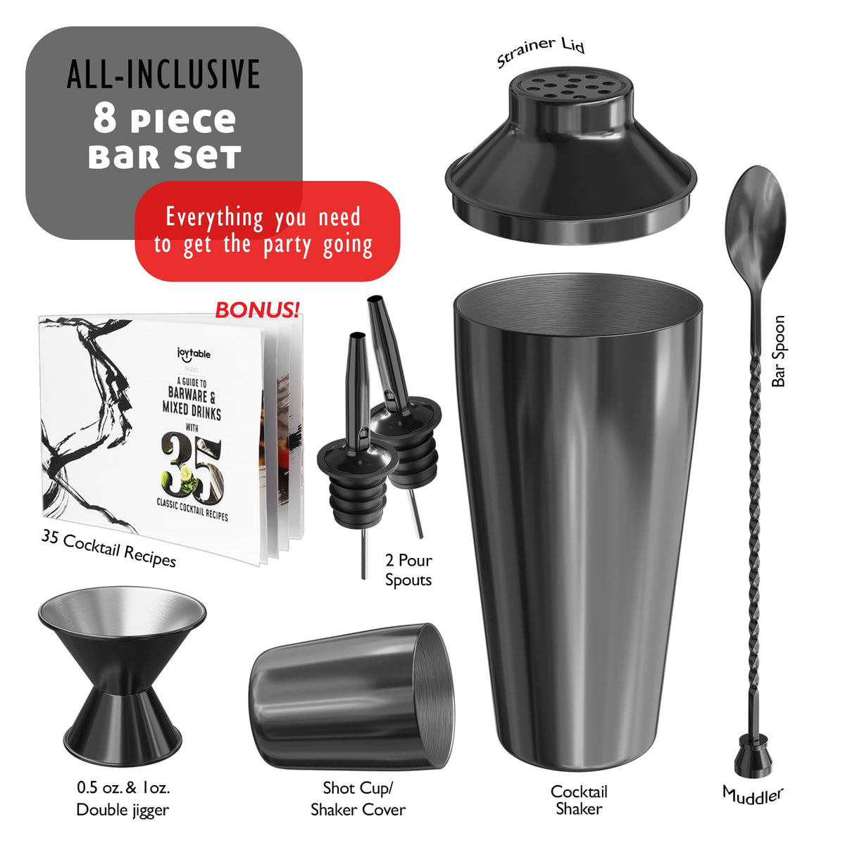 JoyTable 16pc Bartender Cocktail Shaker Set, Stainless Steel Bartender Kit Bar Tool Set, with All Bar Accessories Plus Lemon Squeezer and Great Recipe Book
