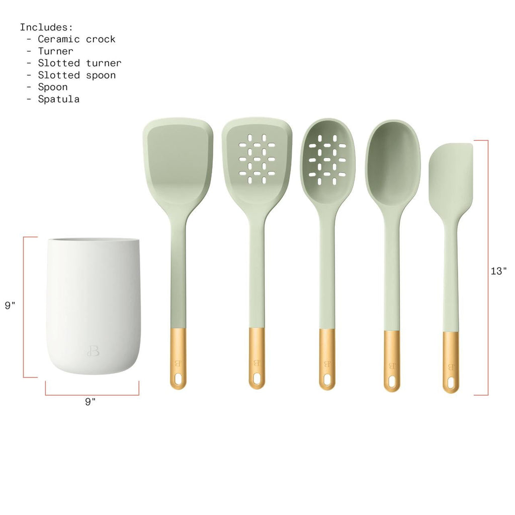 Beautiful 6-Piece Silicone Kitchen Tool Set with Ceramic Crock, Chocolate by Drew Barrymore