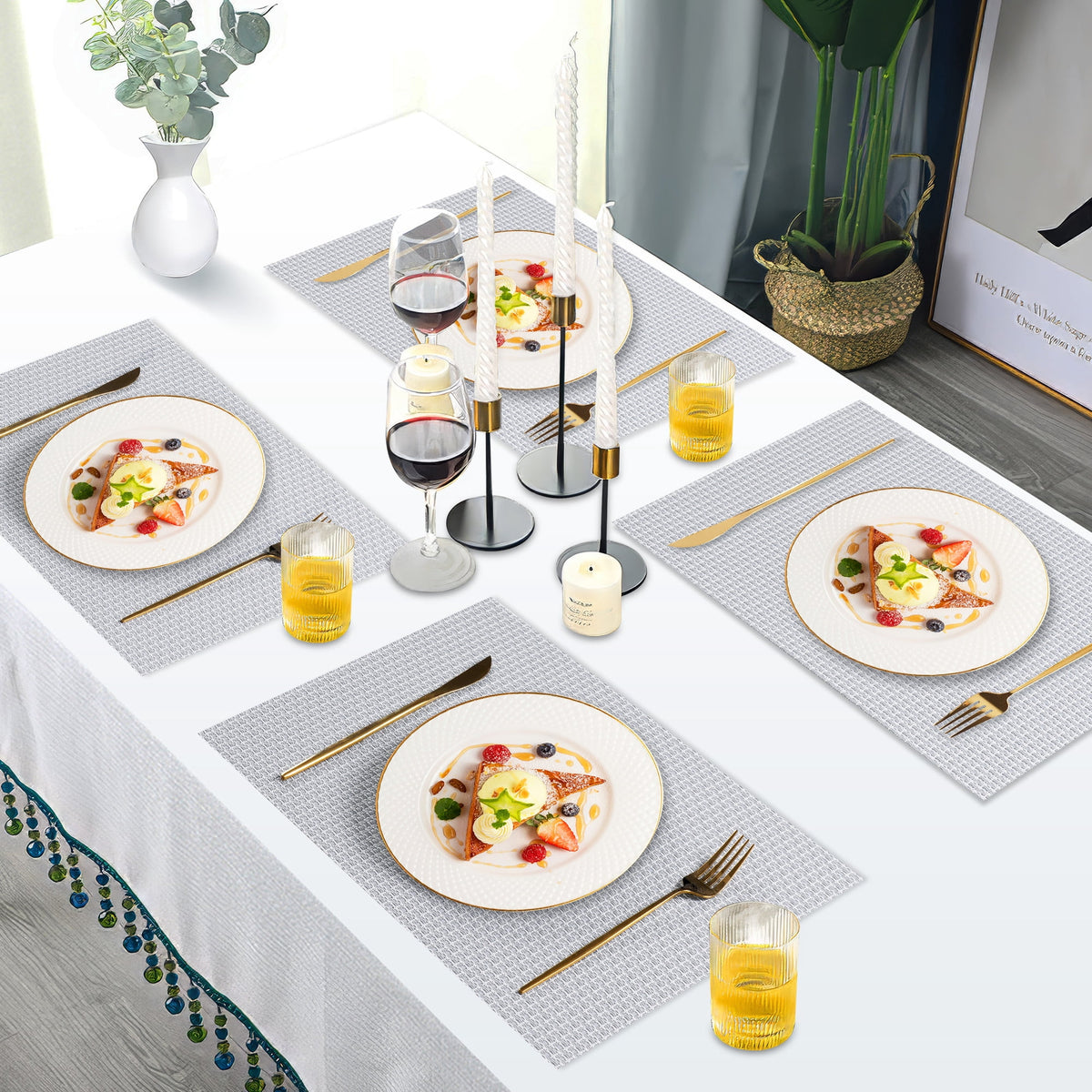 VCVCOO Navy Blue Placemats Set of 4 - Easy Clean Washable PVC Vinyl Placemats - Wipeable Heat Resistant Woven Table Mats for Dining Table - 12x18 inch