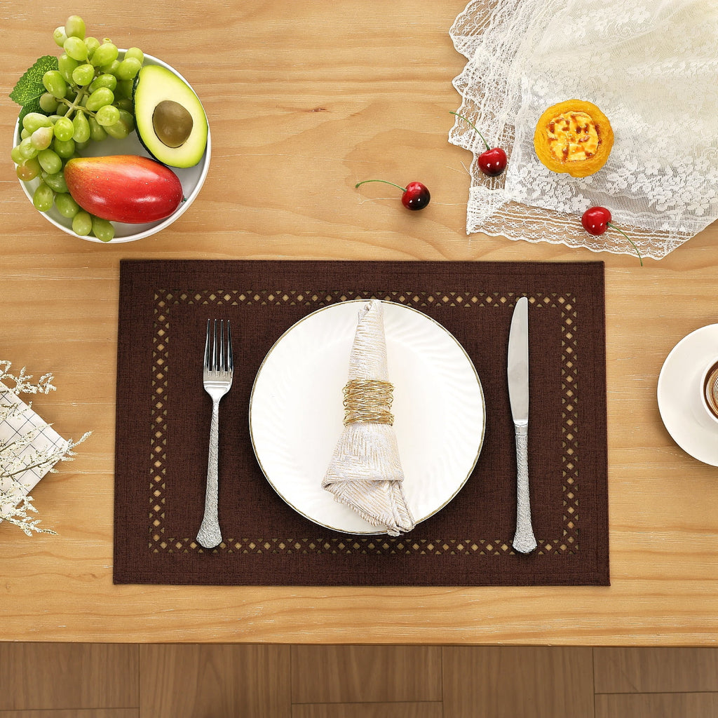 Placemats Set of 4, Yamaziot Double Layer Cloth Fabric Heat Resistant Place Mat, Washable Reversible Rectangle Dining Table Mats, Hollow Khaki, 12"x18"