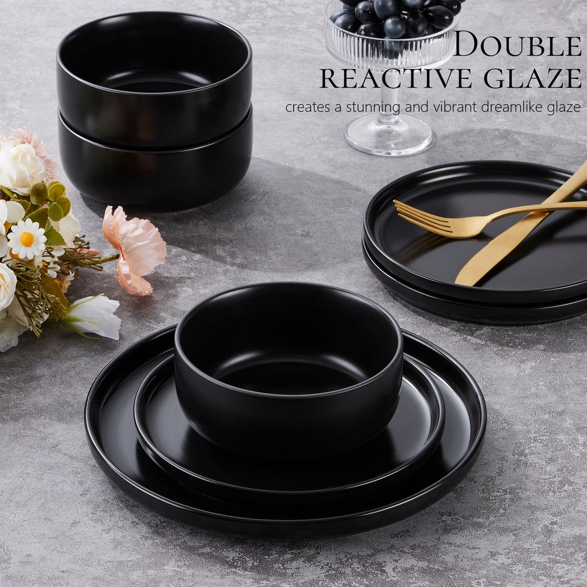 Vesteel Dinnerware Sets for 4, 12-Piece Stoneware Dish and Bowls Set, Handmade Reactive Glaze Coupe Plates Set for Family, Chip & Scratch Resistant - Matte Black