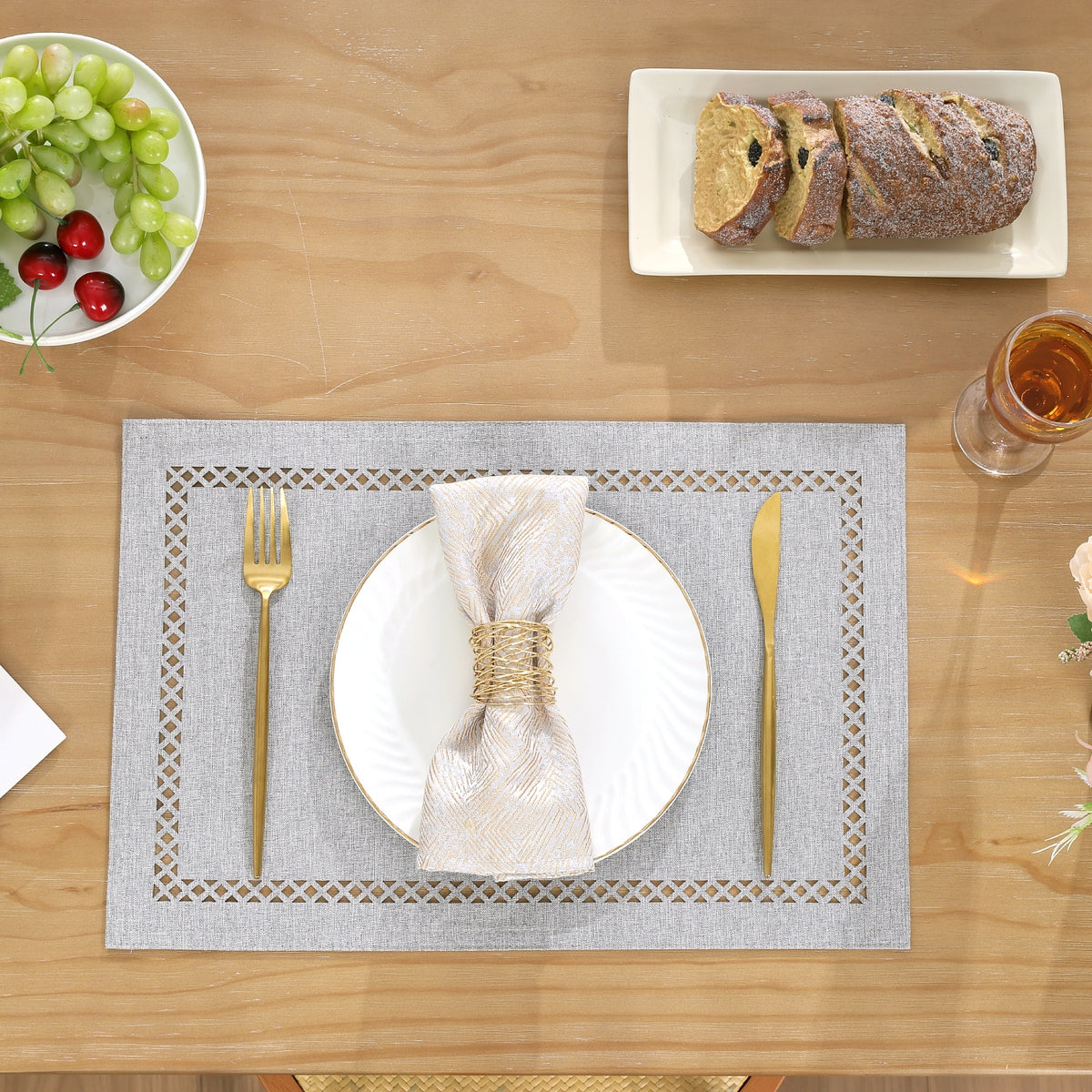 Placemats Set of 4, Yamaziot Double Layer Cloth Fabric Heat Resistant Place Mat, Washable Reversible Rectangle Dining Table Mats, Hollow Khaki, 12"x18"