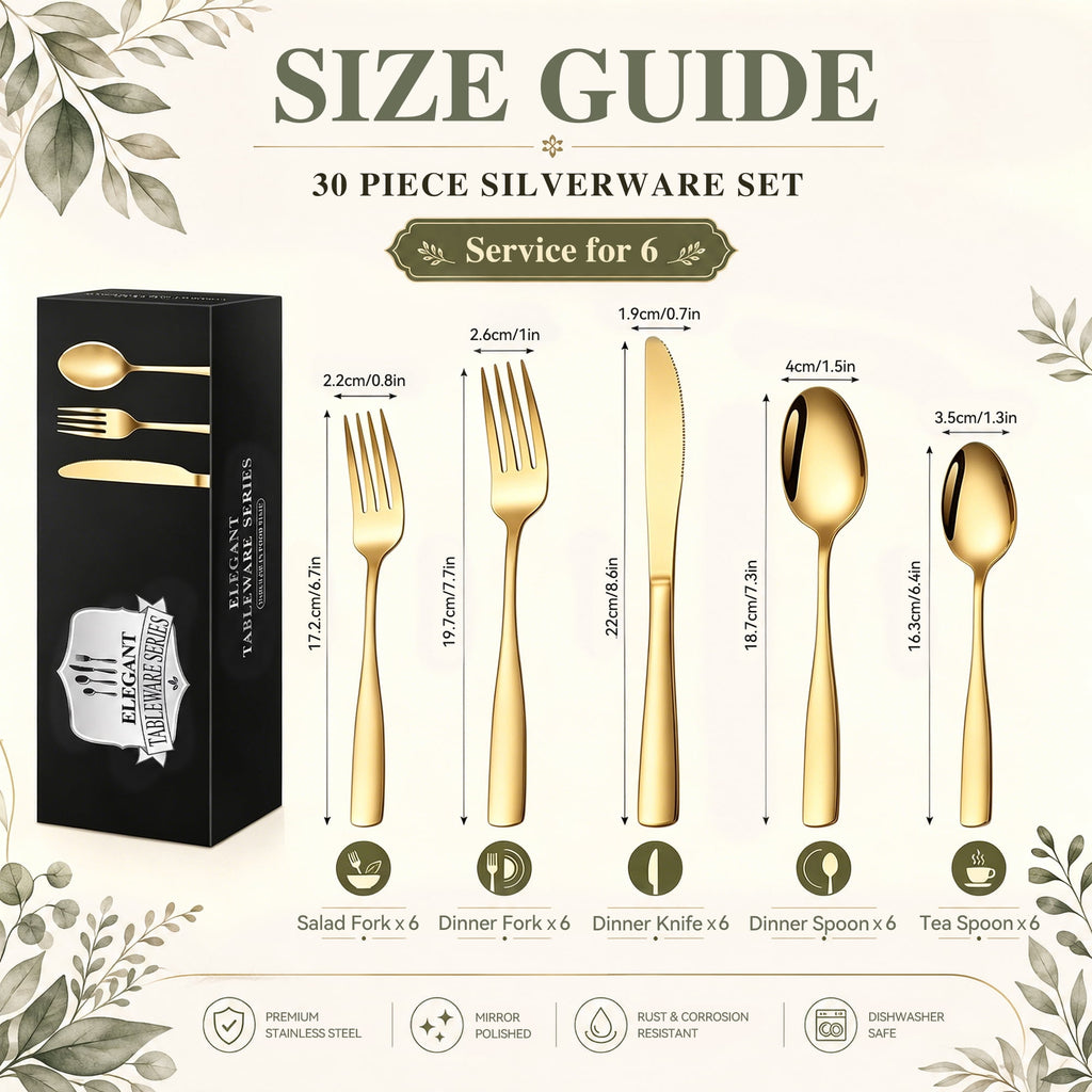 TINANA Silverware Sets, 30 PCS Flatware Set for 6, Premium Stainless Steel Cutlery Utensil Set Mirror Polished Forks and Spoons, Dishwasher Safe