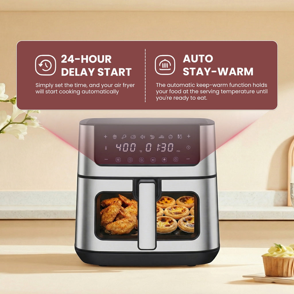 EDX 6QT Stainless Steel Air Fryer with Digital Touchscreen, 1500W, 8 Presets, Dishwasher Safe Basket, 90 Min Timer, 24H Delay Start, Gray