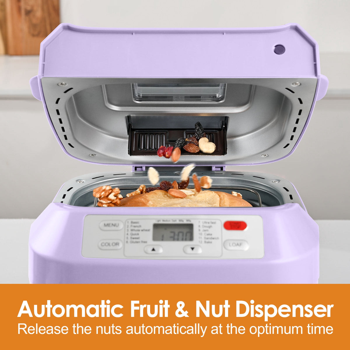 Kitchen in the Box 2lb Bread Maker with Auto Fruit Nut Dispenser, 12-in-1 Gluten-Free Bread Machine, 13H Delay Timer, Nonstick Pan, Keep Warm, White