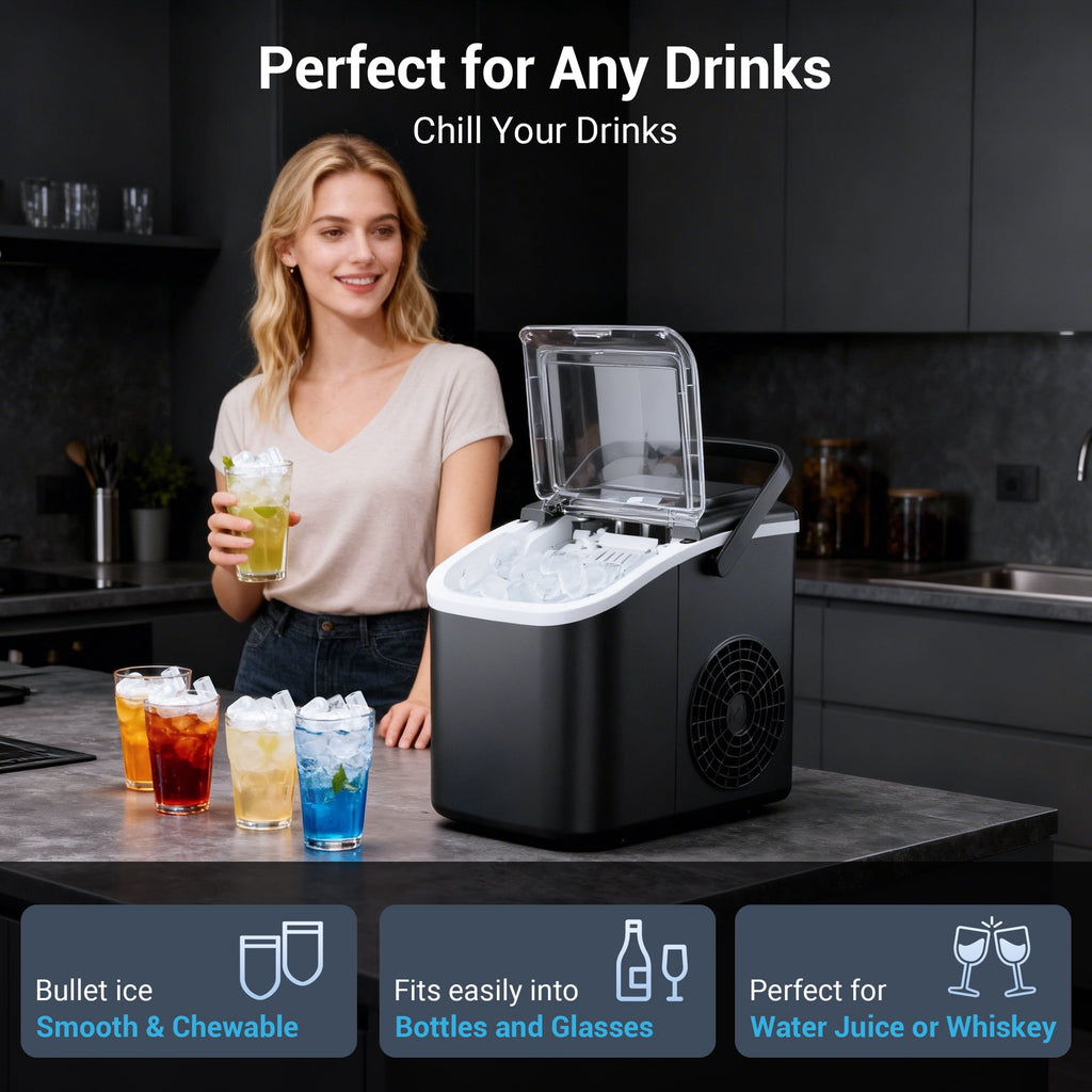 Snowyermine Countertop Ice Maker with Handle, 26 lbs/24H Portable Ice Machine, 2 Bullet Ice Sizes, 8 Cubes in 6 Minutes, Self-Cleaning for Home, Bar, RV and Camping